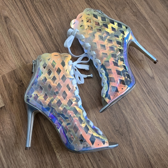Cape Robbin Shoes - Cape Robbin clear iridescent lace-up booties ankle boots high heels 7.5 stiletto